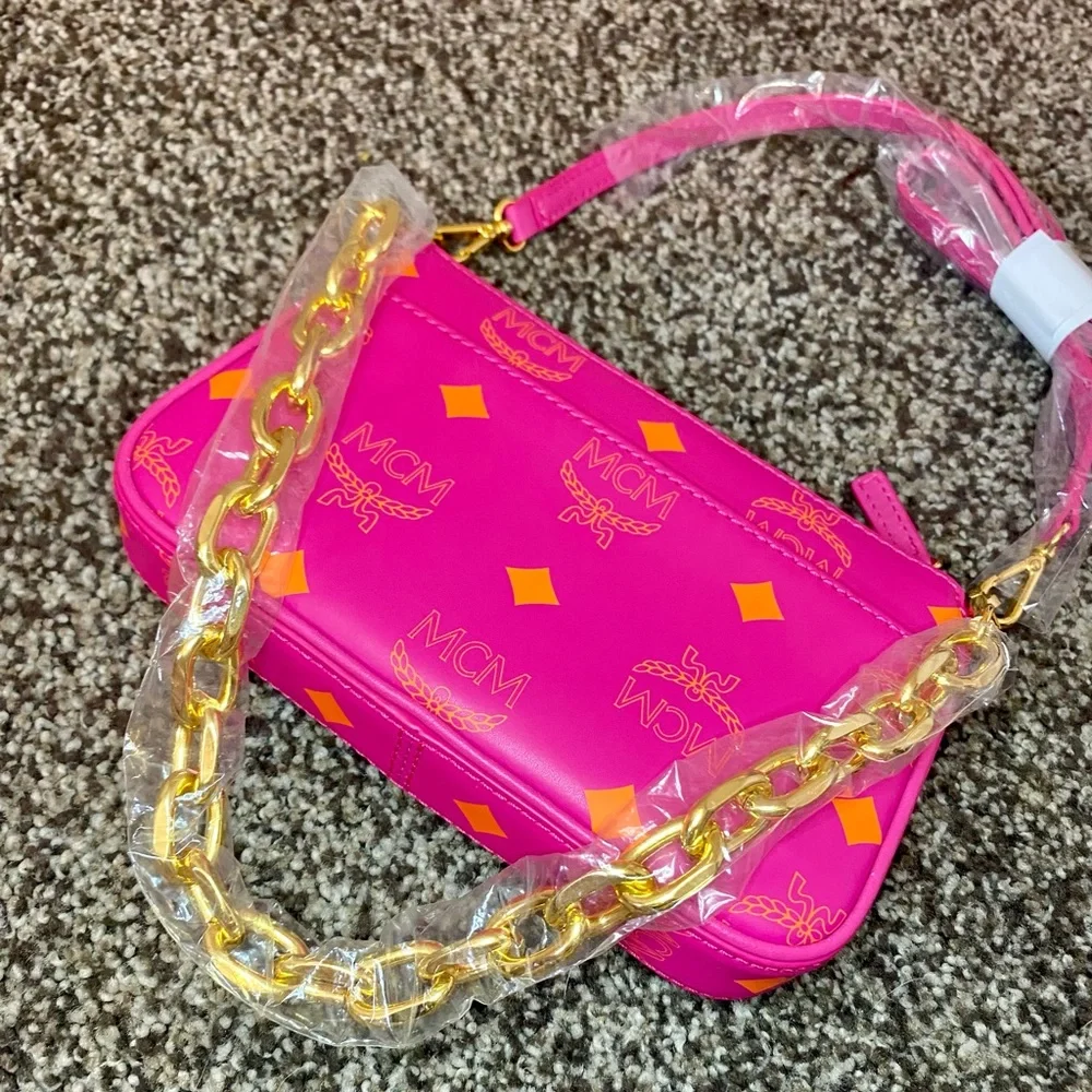 NWT MCM Fuchsia Pink Mini Color Splash Logo Leather Shoulder Bag - Picture 4 of 13